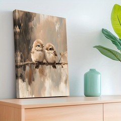 Two Sparrows Branch Vintage Canvas Wall Art, Soft Neutral Bedroom Wall Decor