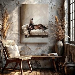 Wall Art Brown Horse on Tufted Sofa Canvas Print Rustic Farmhouse Home Decor