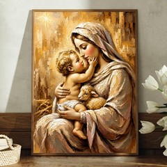 Virgin Mary and Baby Jesus Canvas Print Christian Wall Art Lamb Religious Decor