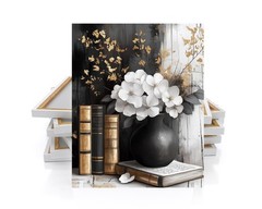 16×20 Black White and Gold Books and Flowers Wall Art Canvas Print
