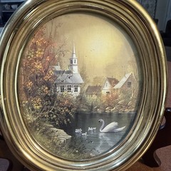 Vintage Homco Gold Oval Framed Church Swan Lake Wall Art Picture #9663 PRINT AZ2