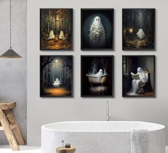 6Pcs Ghost Halloween Wall Art Gothic Poster Set 8x10in