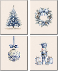 Blue and White Chinoiserie Christmas Wall Art Prints Set of 4, Grandmillenial Ch