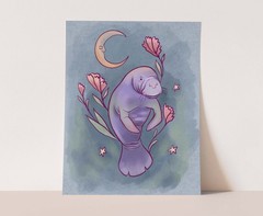 Moon Manatee Wall Art, Celestial Ocean Animal Illustration, Cottagecore Art
