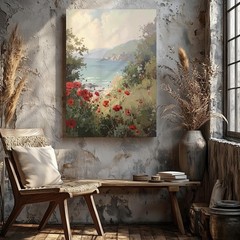 Coastal Poppy Landscape Canvasserene Ocean View With Vibrant Red Flowers Wall