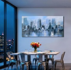 Blue Canvas Wall Art Modern Abstract Cityscape Picture Textured Painting, New…
