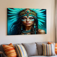 Native American Woman with Turquoise Feather Headdress Canvas Wall Art Print