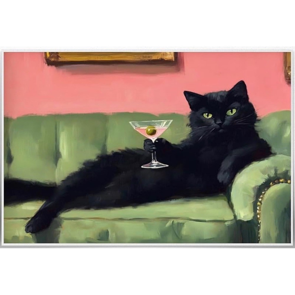 Black Cat Martini Canvas Wall Art Pink Green Whimsical Decor 16×24