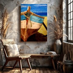 Wall Art Rustic Fishing Boat on Beach Coastal Seascape Ocean Canvas Print Decor