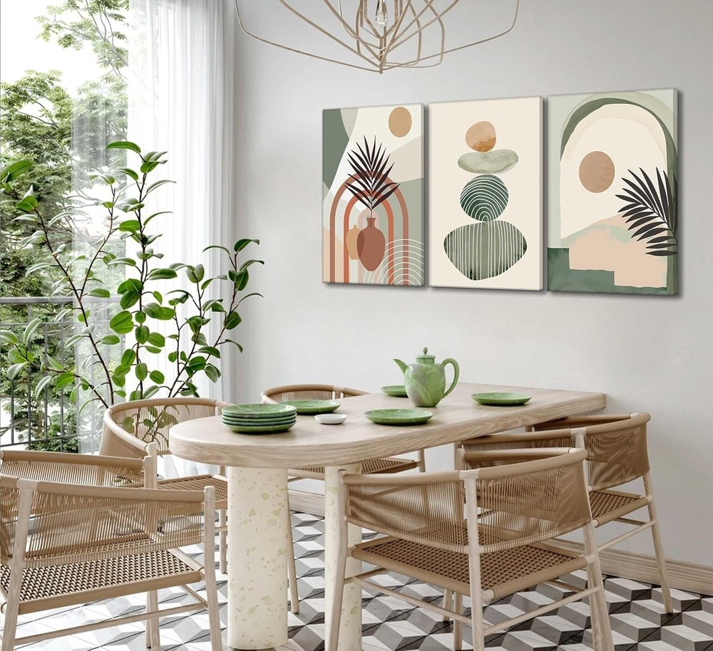 3Pcs Mid-Century Modern Boho Abstract Canvas Wall Art — Neutral Green Bohemian..