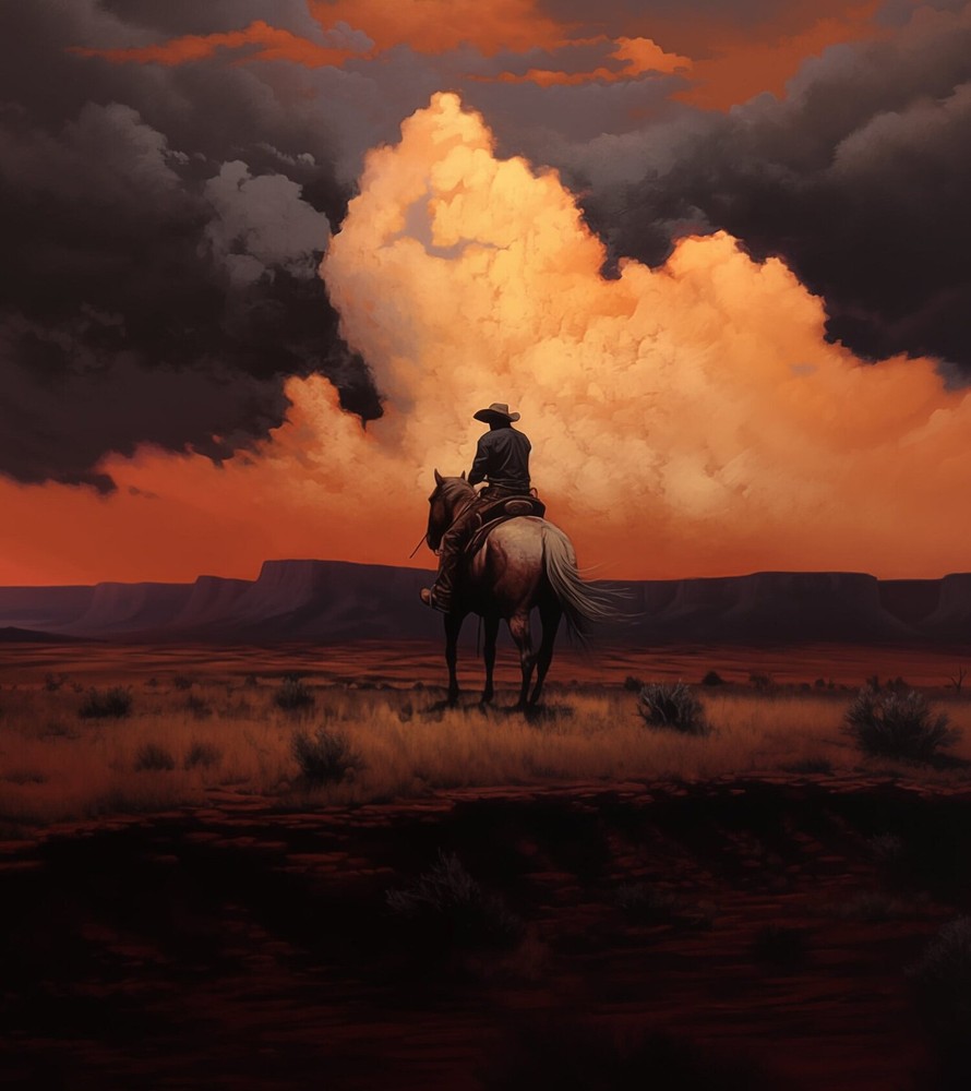 Moody Cowboy Art Print Dark Western Gothic Home Decor Burnt Orange Storm Poster