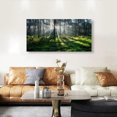 Wall Art Sunlight Green Forest Scenery Canvas Painting Prints,DIY Framed 24″x48″