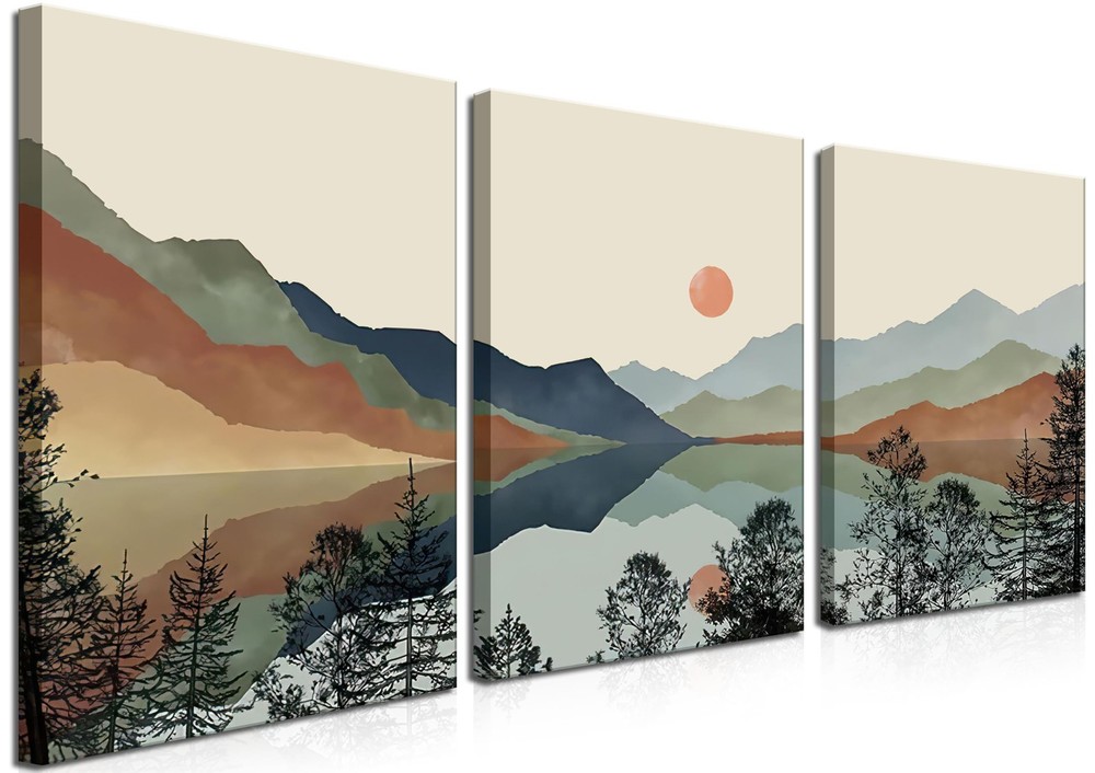Framed Mountain Canvas Wall Art Set of 3, Boho Watercolor Poster Prints Paint…