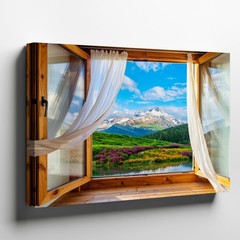 Wall Art Picturesque View From A Large, Open Wooden Window, Framed By Elegant