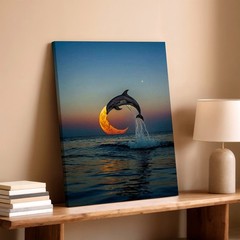 Wall Art Dolphin Jumping Over Crescent Moon Ocean Sunset Surreal Poster Print