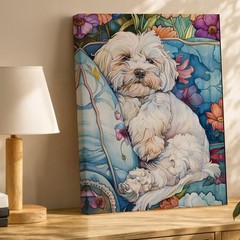 Cute White Dog On Floral Blue Sofa Canvas Wall Art Decorative Print 80X40Cm