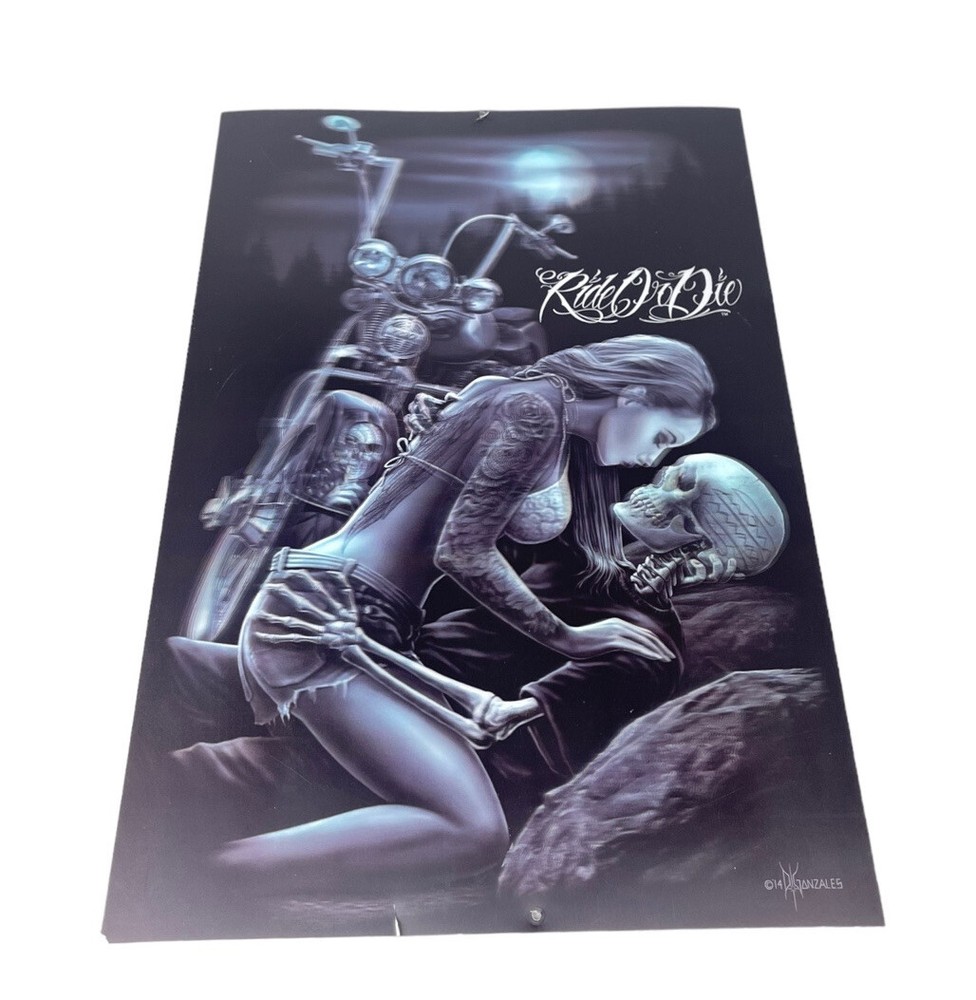 Ride or Die Lenticular Biker Shop Skull 9”x13” David Gonzales 2014 Chicano