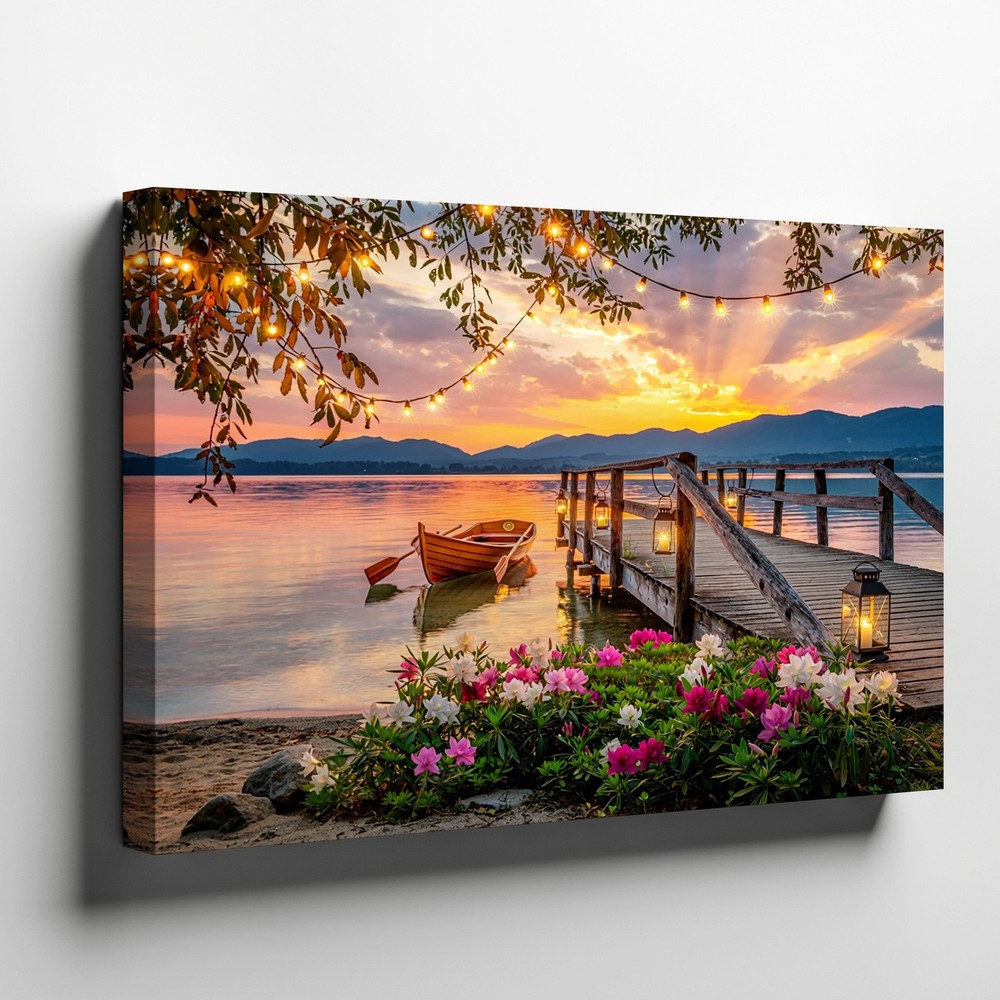 Sunset Lake Canvas Wall Art with Pier Boat Lanterns Flowers & String Lights