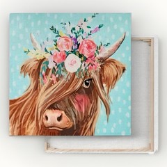 New Highland Cow canvas print featuring a Beautiful floral Crown 20” x 20”