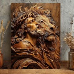 Jesus and Lion Wood Carving Christian Canvas Wall Art Lion of Judah