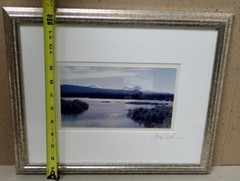 Vintage Framed Landscape Photograph Lake View w/ Mountains Signed 12×15