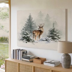 Winter Deer Canvas Art Wildlife Painting Snowy Pine Trees Nature Woodland Print