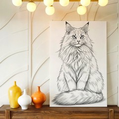 Wall Art Long Haired Cat Sketch Print Black White Feline Line Drawing Decor