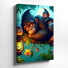 Canvas Sleeping Gorilla Baby Monkey Jungle Moon Lantern Living Bedroom Print