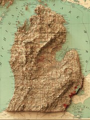Michigan Map, Michigan 2D Relief Map, Michigan Vintage Map – 2D Flat Print