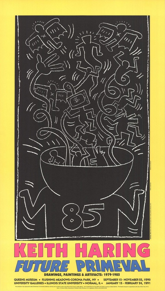 KEITH HARING Future Primeval 37″ x 21″ Serigraph 1990 Pop Art Yellow, Black, Whi