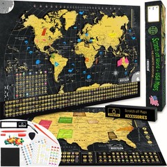 Scratch Off World Map + USA Map – 17×24” Wall Travel Posters with 196 Flags, …