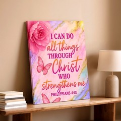 Wall Art Christian Bible Verse Philippians 413 Pink Rose Butterfly Print Decor