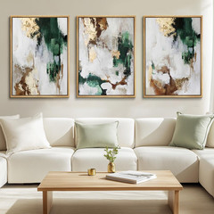 3Pcs Green and Gold Canvas Wall Art Abstract Posters Print Brown and Gray Line P
