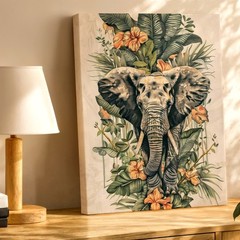 Wall Art Elephant Tropical Leaves Flowers Botanical Wildlife Canvas Print Decor