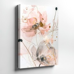 Wall Art Abstract Floral Pink Gray Poppy Flowers Gold Line Modern Poster Print