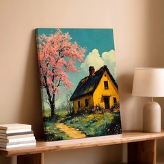 Wall Art Yellow Cottage Painting Pink Blossom Tree Landscape Rustic Home Decor