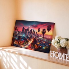 Los Angeles City Skyline Canvas Wall Art Sunset Urban Palm Trees Decor Print