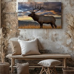 Majestic Elk Stands Proudly In A Golden Field, Its Impressive Antlers Wall Art