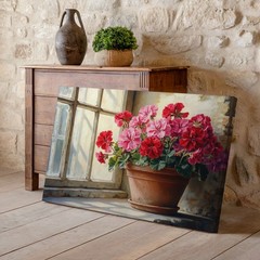 Red and Pink Geraniums in Pot by Window Canvas Wall Art Decor Print Canvas Print