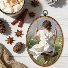 Vintage Rustic Kitchen Oval Wall Art Decor,Country Little Girl Swing Floral O…