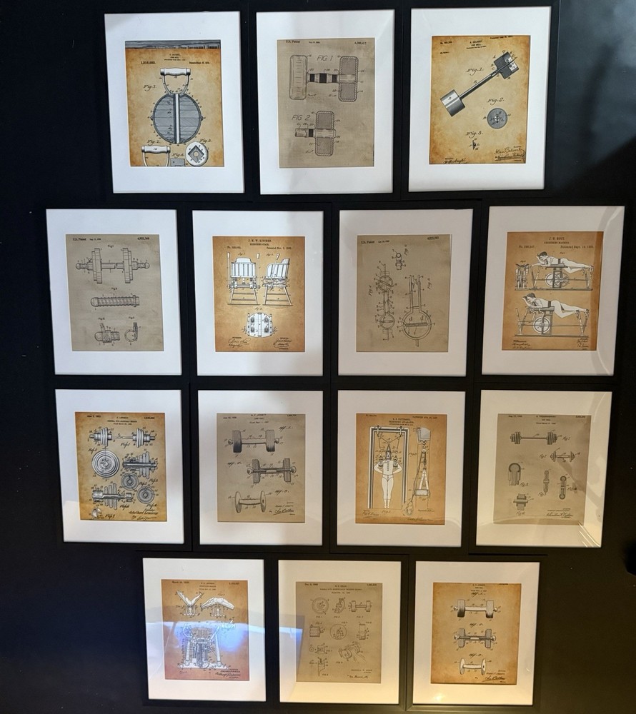 14 Pc Vintage Gym Patent Art Prints Framed 11×14 Gallery Wall Set Home Fitness