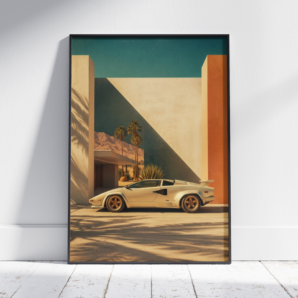 Vintage White Supercar Poster – 80s Desert Palm Architecture Wall Art Decor