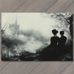 Art Print Dark Landscape Figures Watching Castle Misty Hills Black White Vibe
