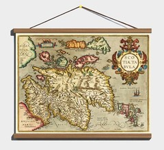 Ancient Old 1592 Antique Early Map Of Scotland; 100% Cotton Canvas Wooden Hanger