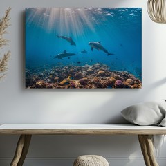 Vibrant Underwater Scene Featuring Playful Dolphins Swimming Gracefully Wall Art