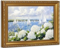 Vintage Gold Framed Coastal Wall Art – Hydrangea Sailboat Landscape Print Oil…
