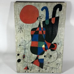 Vintage Joan Miro Figures & Dog Print Wood Mounted Art MCM Wall Decor 24″x16″