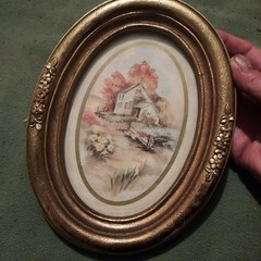 Vintage Small Oval Cottage Print, Gold Floral Frame, Homco Country Farmhouse