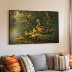 Duck with Ducklings by Pond Nature Canvas Wall Art Rustic Wildlife Decor Print