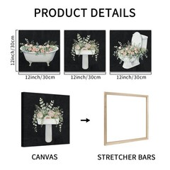 Bathroom Wall Art Set of 3 Canvas Prints 12×12 Inch Stretched Modern Floral B…